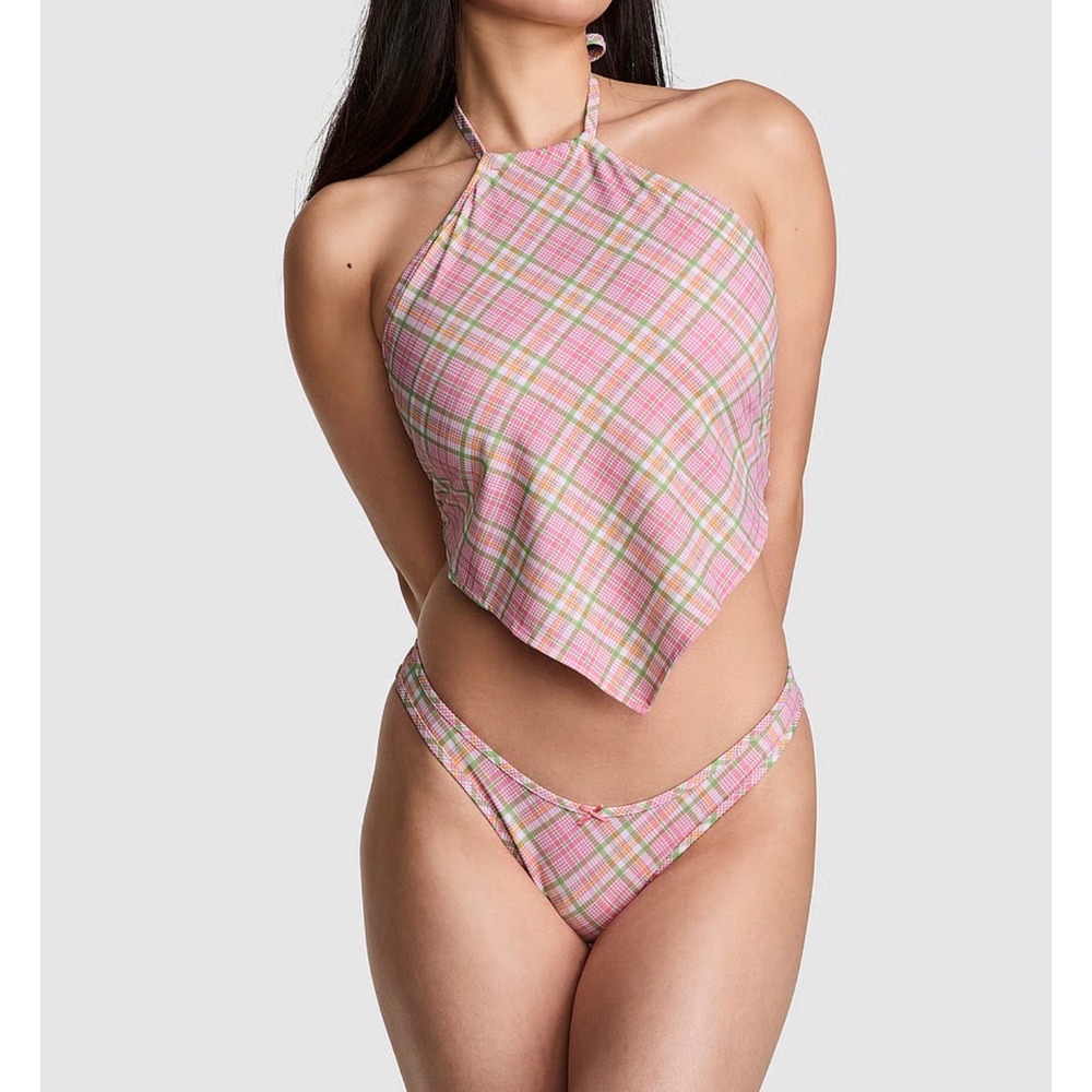 PINK Victoria's Secret Bikinis Plaid Handkerchief HalterTop & Cheeky Bottom Set
